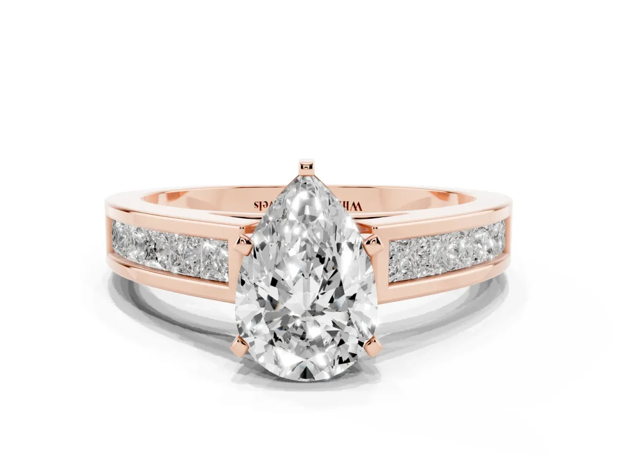 Pear Cut Solitaire Diamond Ring with Channel-Set Band and Four-Prong Setting Rose gold
