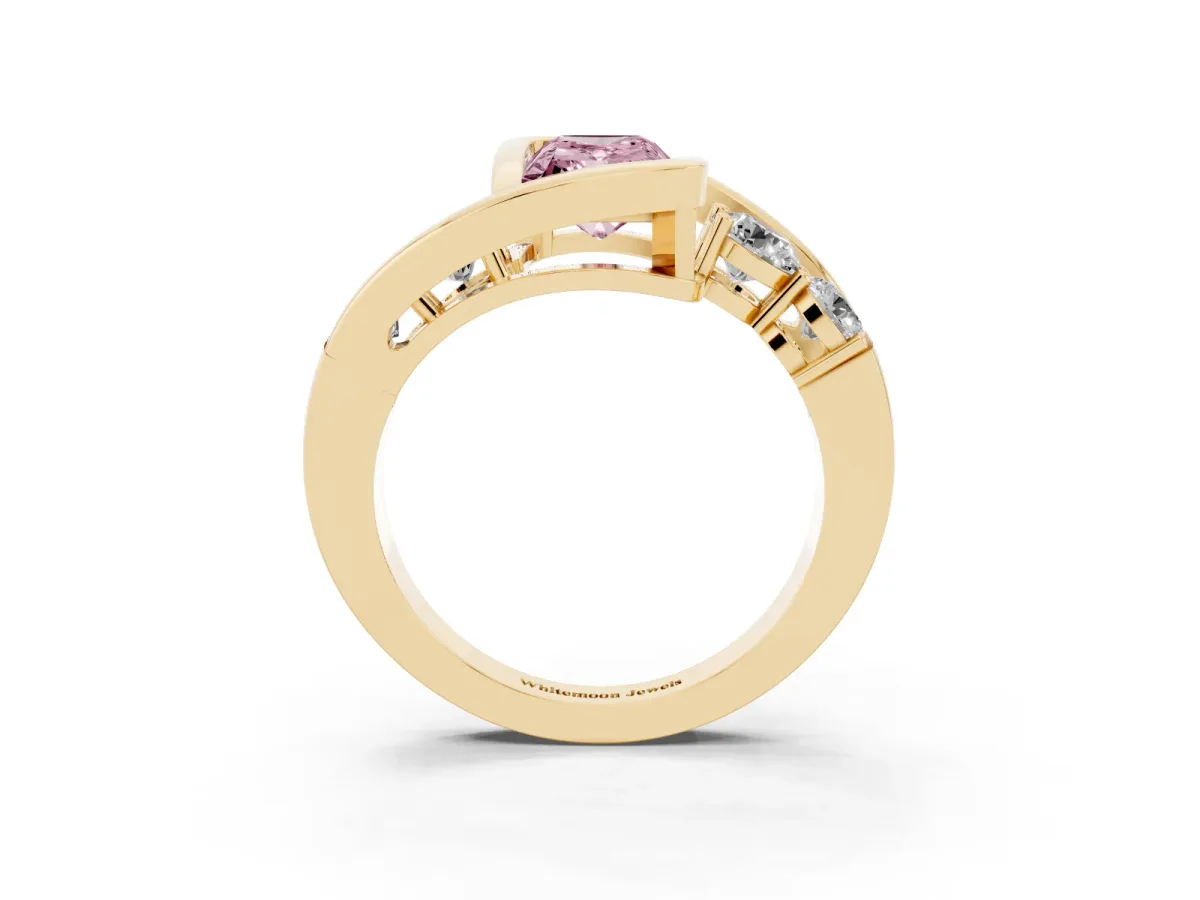 Fancy Pink Bezel Set Radiant Cut Diamond Bypass Ring with Round Accents Yellow gold