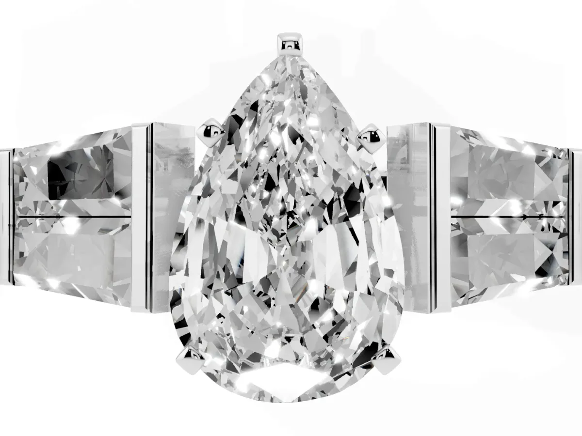 Pear Cut Diamond Engagement Ring with Baguette Side Stones and Channel Set Band Platinum