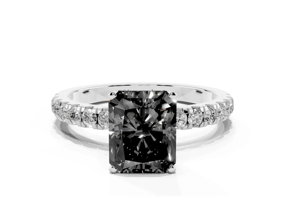 Fancy Black Radiant Cut Diamond Solitaire Ring with Pavé Accents and Four-Prong Setting Silver