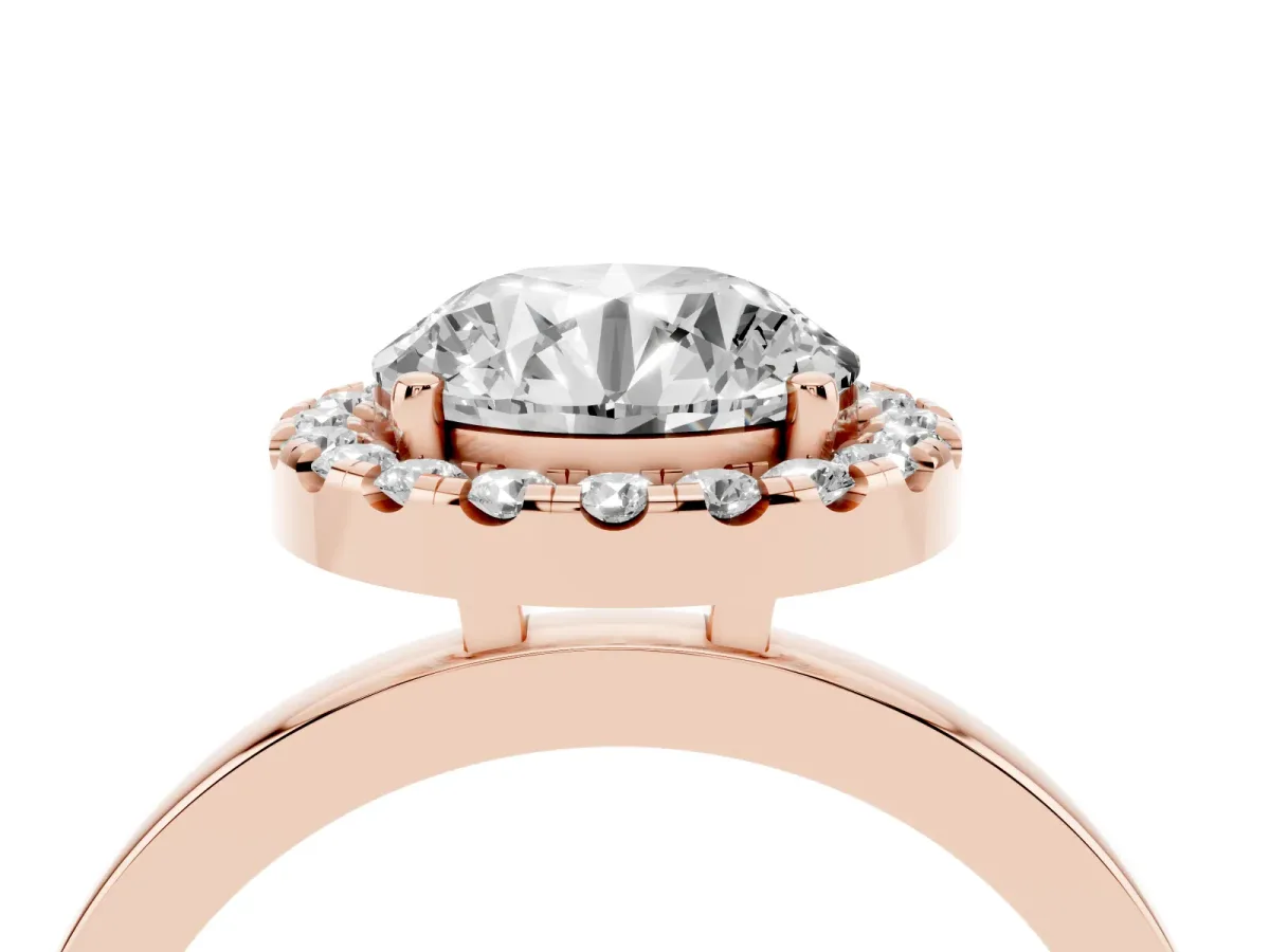 Round Cut Halo Diamond Solitaire with Pavé Band and Four-Prong Setting Rose gold