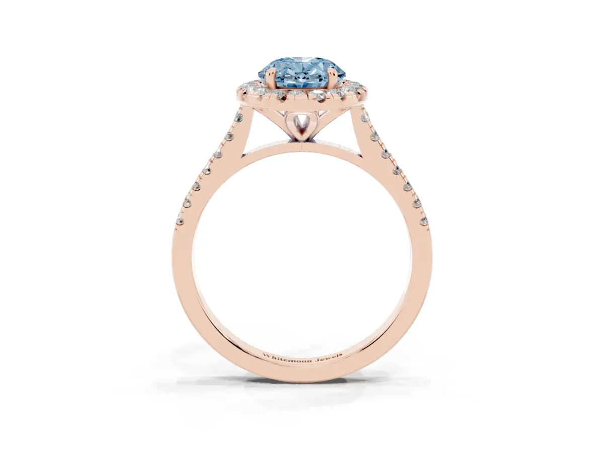 Fancy Blue Oval Cut Diamond Cushion Halo Ring with Pavé Band Rose gold