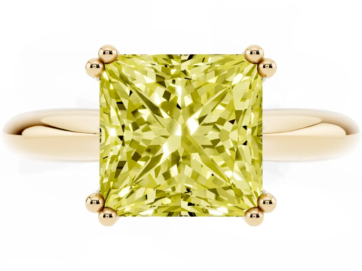 Fancy Yellow Princess Cut Cut Solitaire Engagement Ring with Tapered Band and Four-Prong Setting Yellow gold