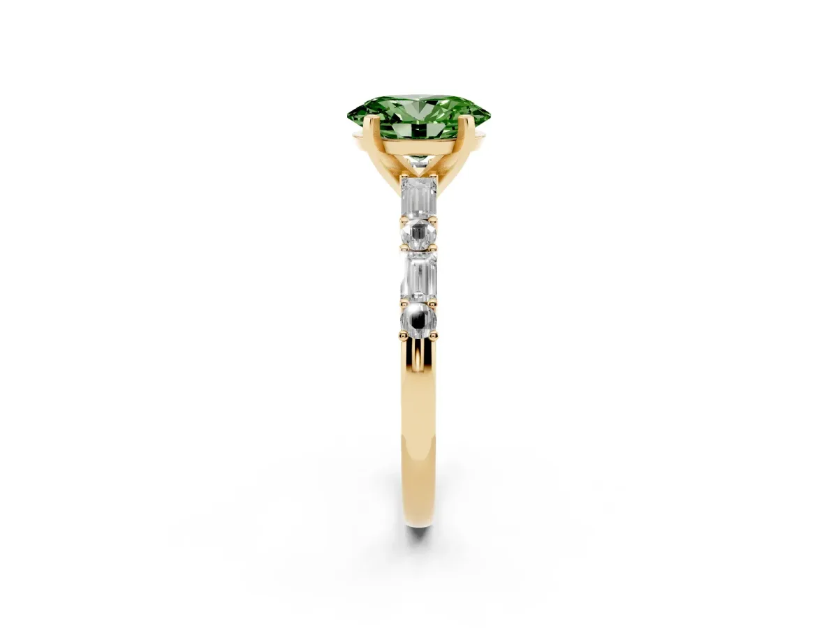 Fancy Green Oval Cut Diamond Solitaire with Side Baguettes and Channel Set Band Yellow gold