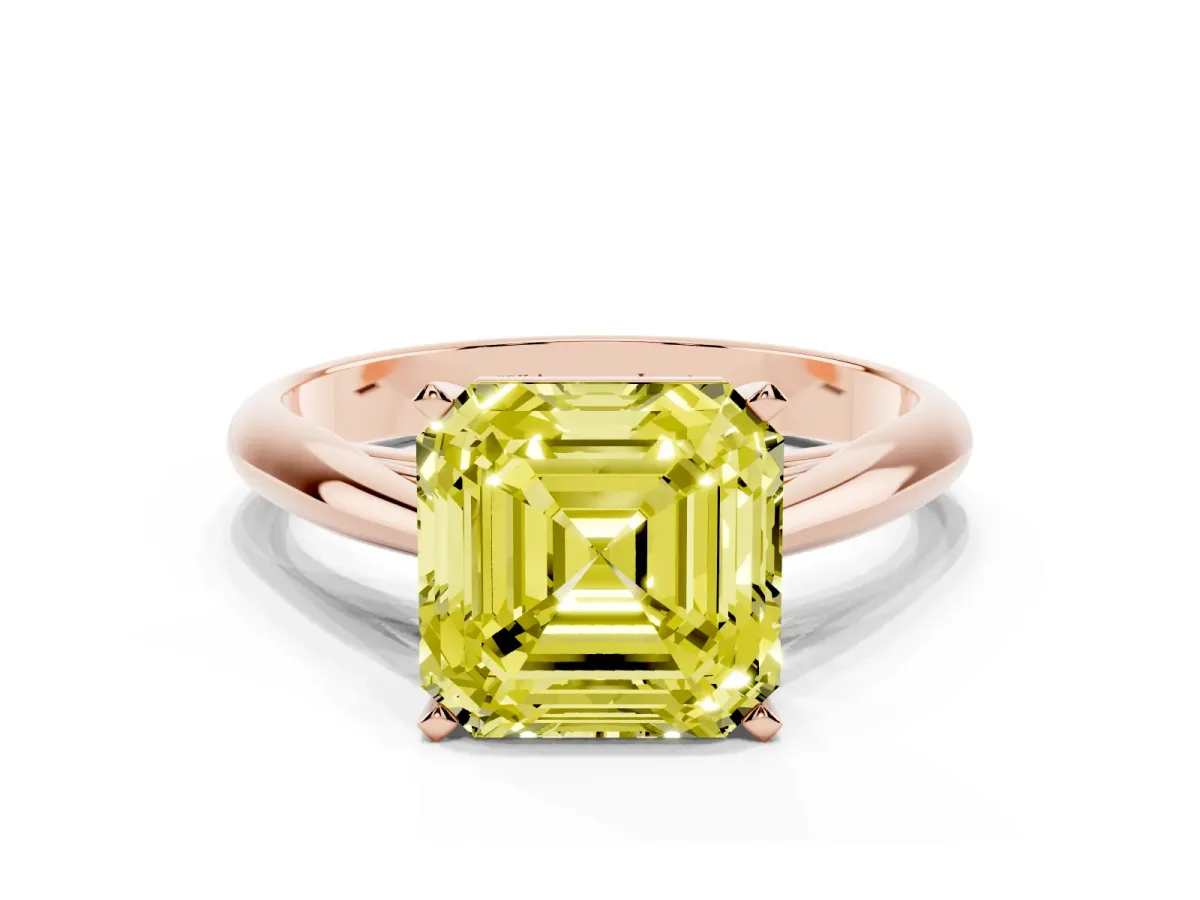 Fancy Yellow Asscher Cut Diamond Solitaire Engagement Ring with Cathedral Setting and Four-Prong Mount Rose gold