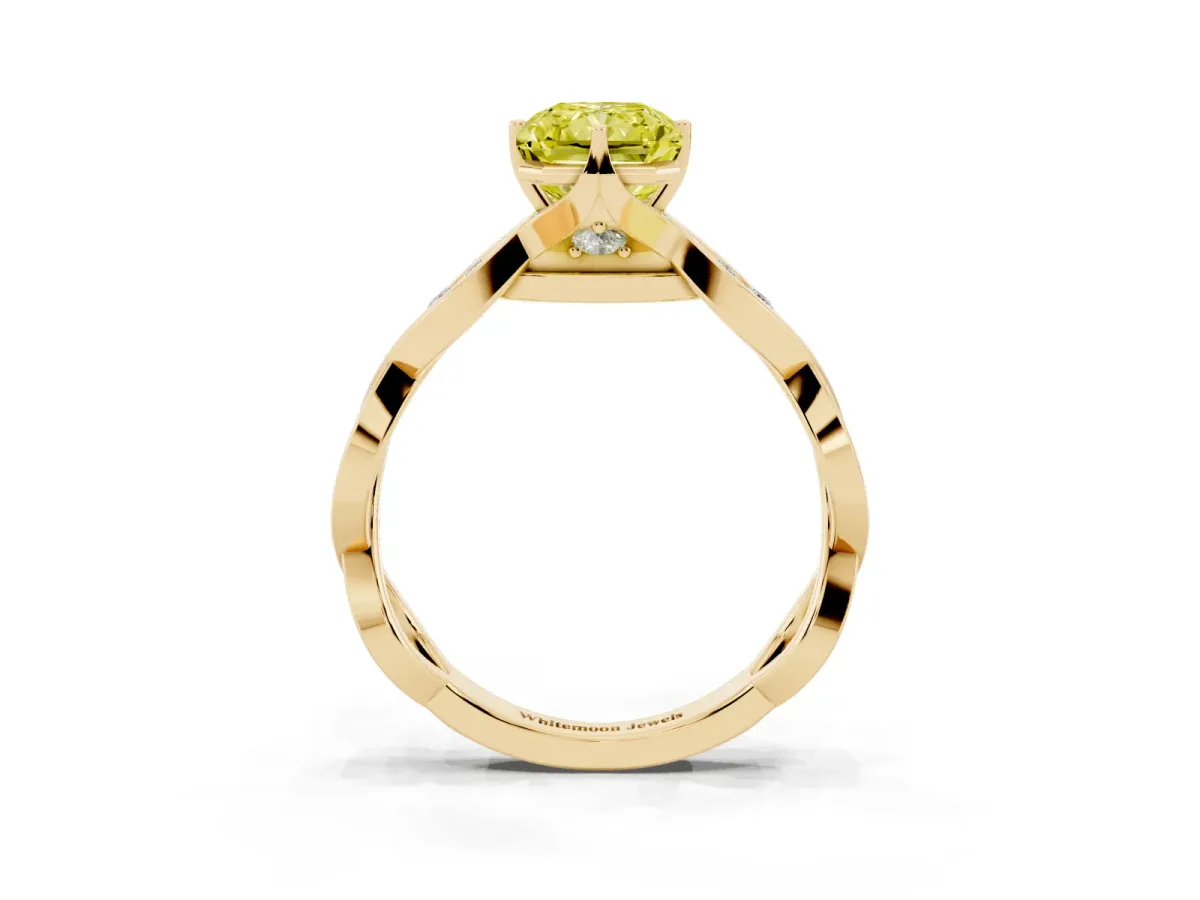 Fancy Yellow Radiant Cut Solitaire Twist Band with Leaf Prong Setting Yellow gold