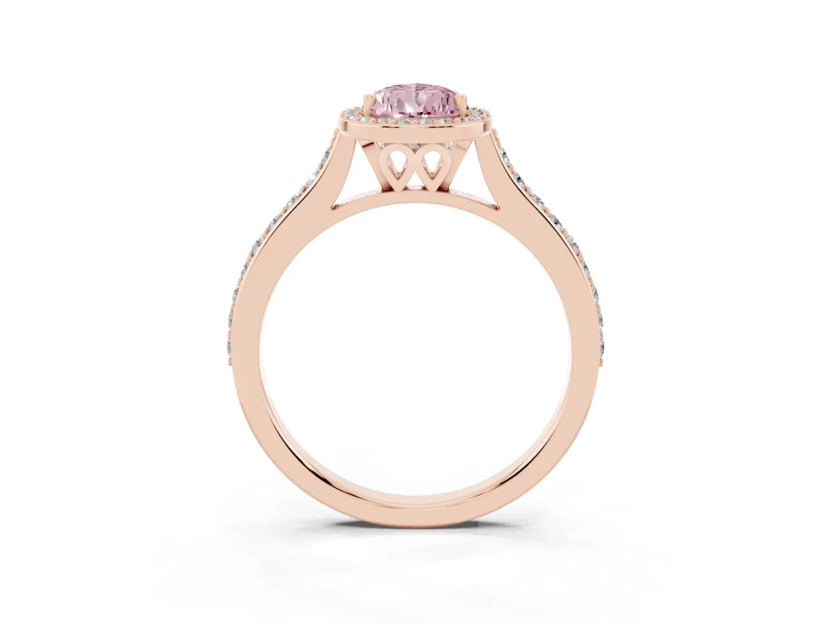Fancy Pink Pear Cut Diamond Halo Engagement Ring with Round Pavé Shoulders and Prong Setting Rose gold