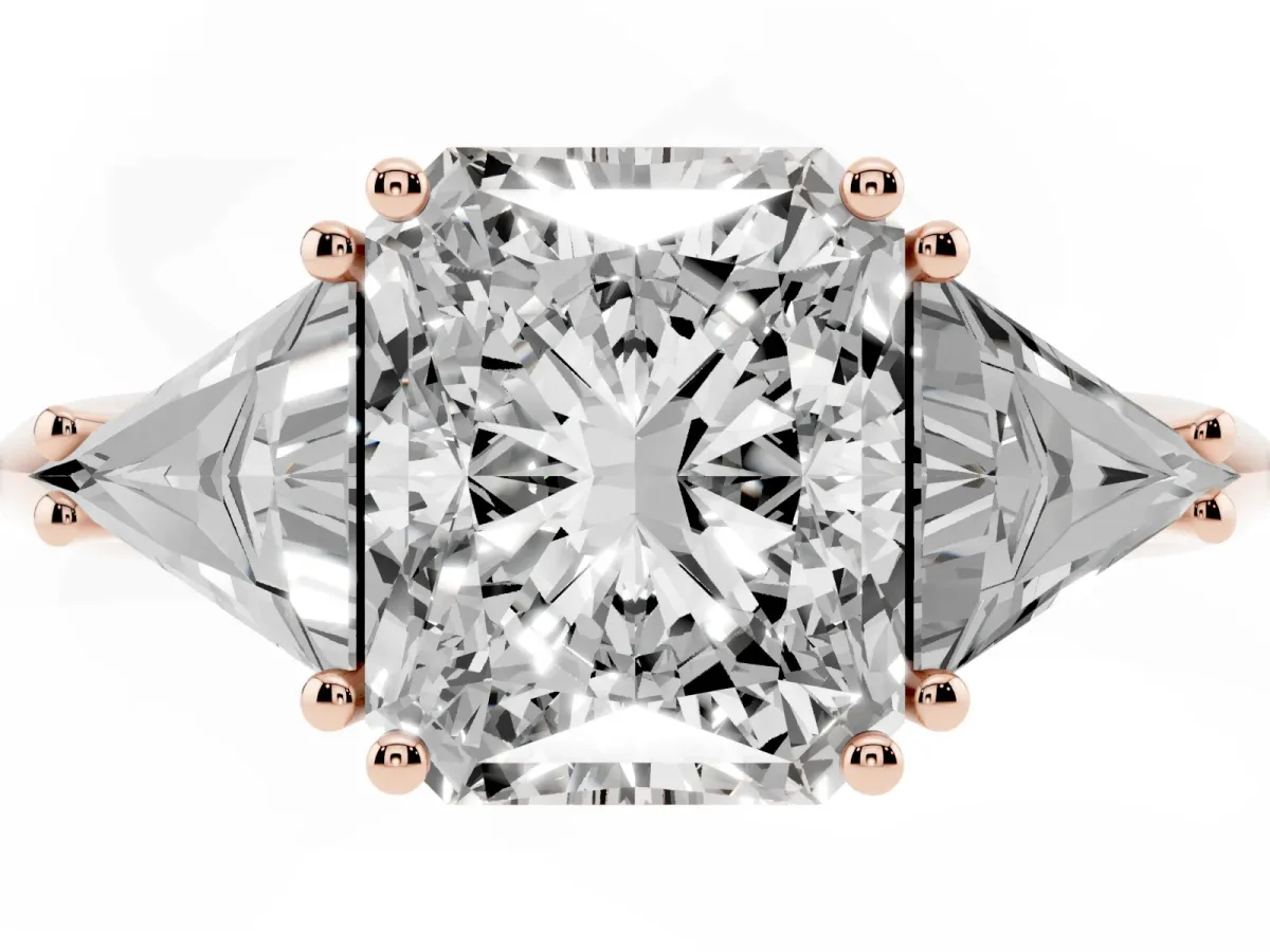 Three-Stone Radiant Cut Diamond Engagement Ring with Trillion Side Stones and Prong Setting Rose gold