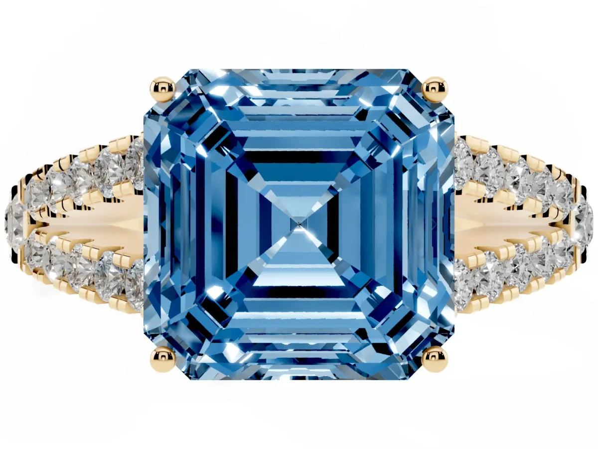Fancy Blue Asscher Cut Diamond Split Shank Engagement Ring with Round Pavé and Prong Setting Yellow gold