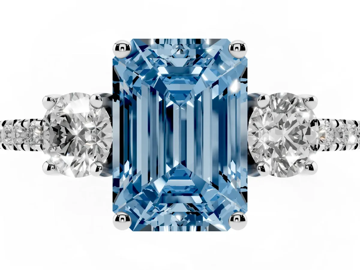 Fancy Blue Three-Stone Emerald Cut Cut Diamond Pavé Band with Prong Setting Platinum