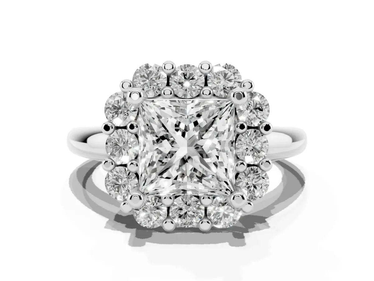 Princess Cut Halo Cluster Diamond Engagement Ring with Prong Setting and Polished Band Silver