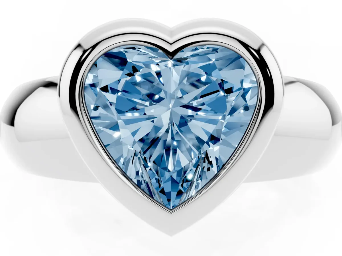 Fancy Blue Bezel Set Heart Cut Solitaire Ring with Wide Band Platinum