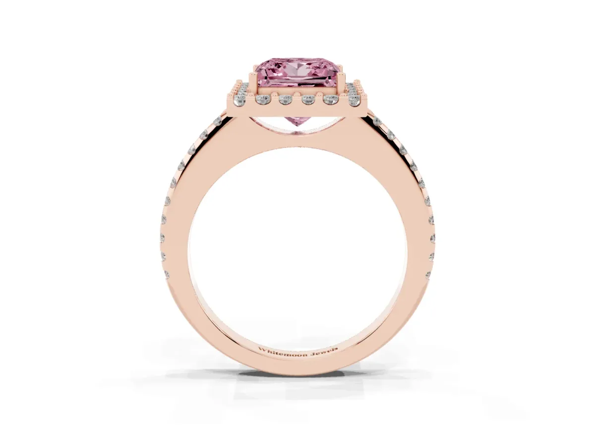 Fancy Pink Princess Cut Diamond Pavé Halo Ring with Four-Prong Setting Rose gold