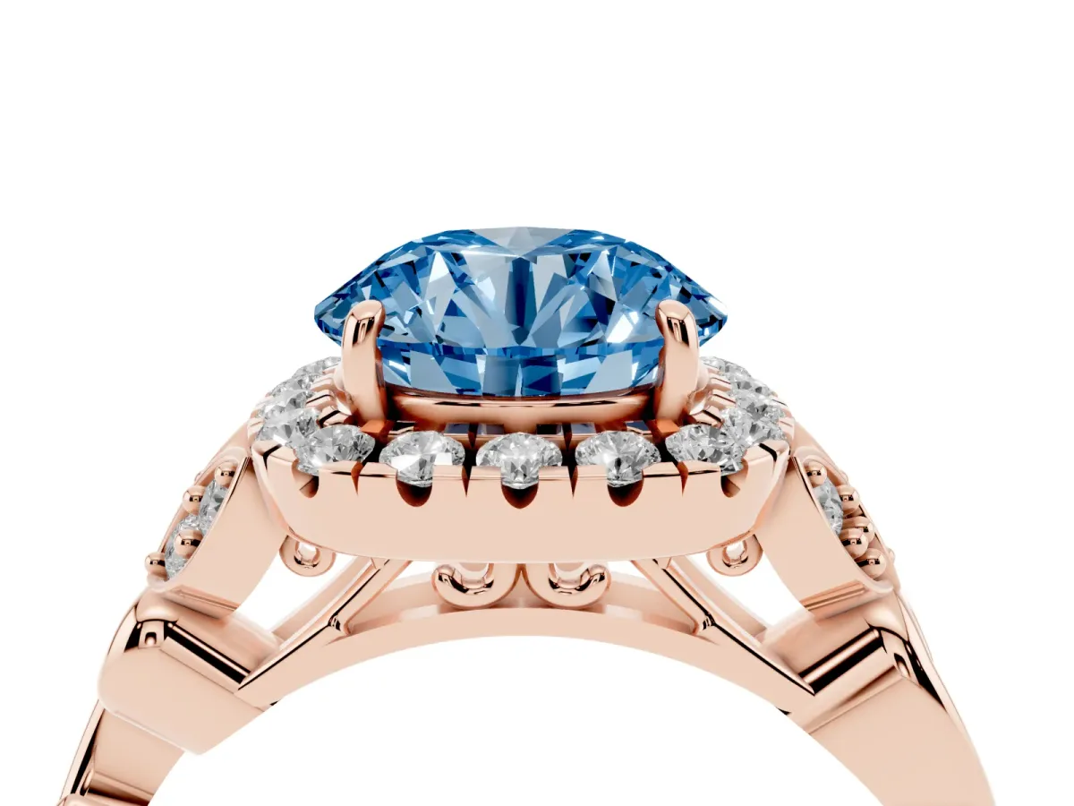 Fancy Blue Round Cut Halo Diamond Engagement Ring with Vintage-Inspired Band and Four-Prong Setting Rose gold