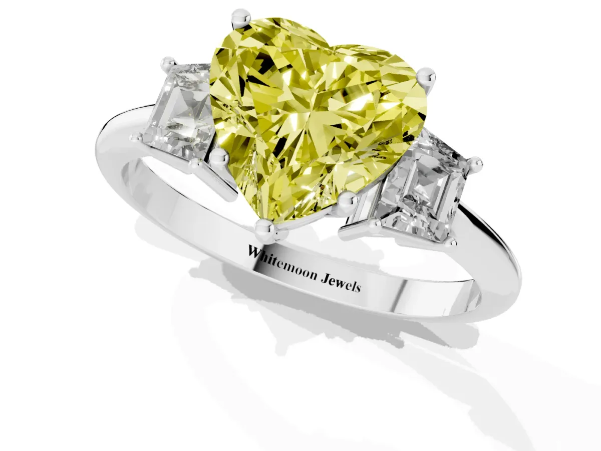 Fancy Yellow Heart Cut Diamond Three-Stone Ring with Trapezoid Side Stones and Prong Setting Silver