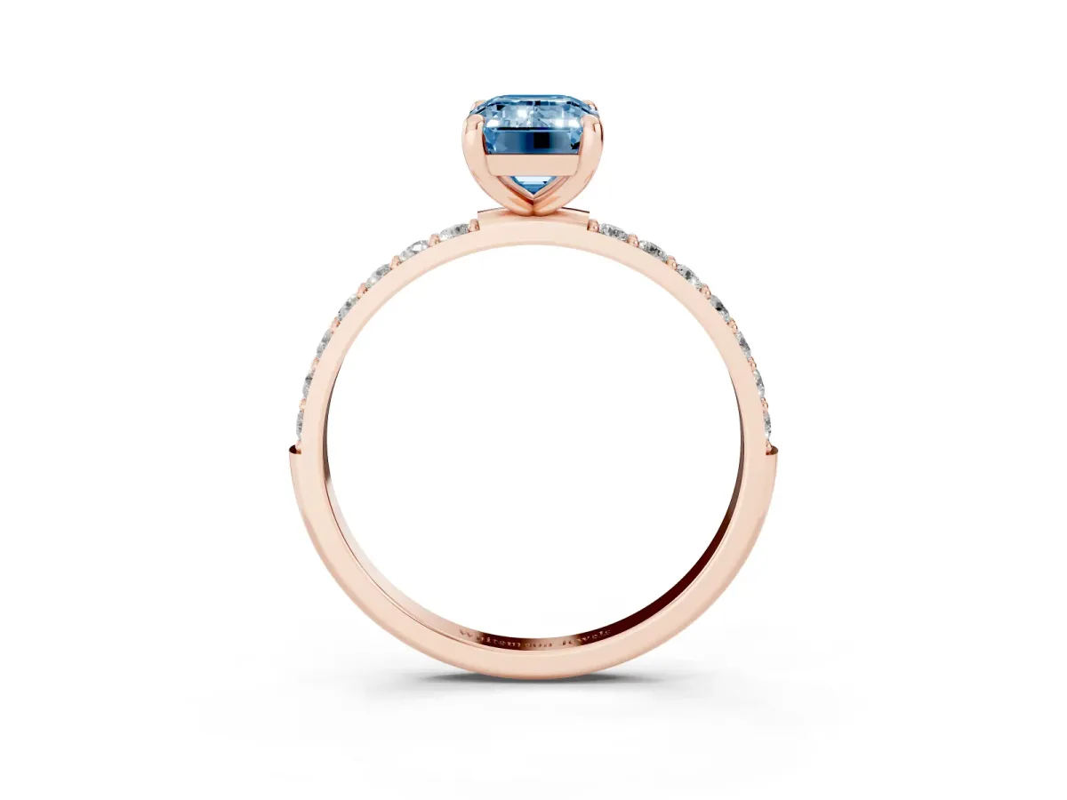 Fancy Blue Emerald Cut Diamond Solitaire Ring with Round Pavé Band and Prong Setting Rose gold
