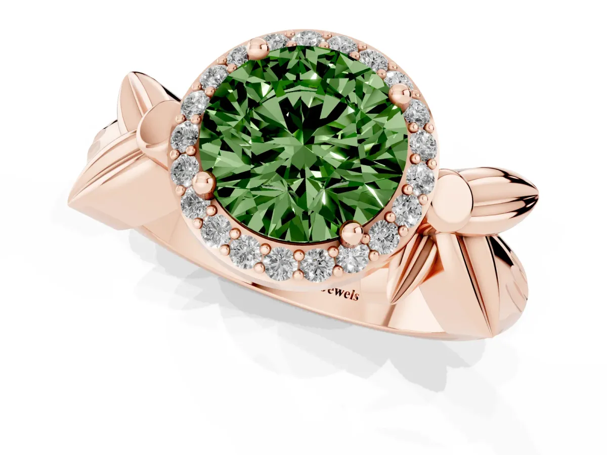 Fancy Green Round Cut Halo Diamond Floral Band with Four-Prong Setting Rose gold