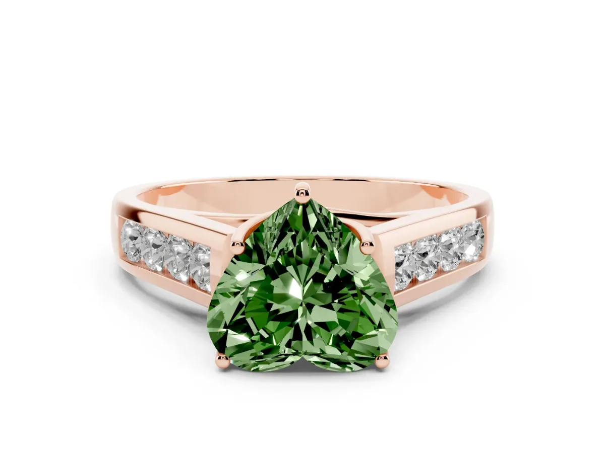 Fancy Green Heart Cut Solitaire Channel-Set Diamond Engagement Ring with Four-Prong Setting Rose gold