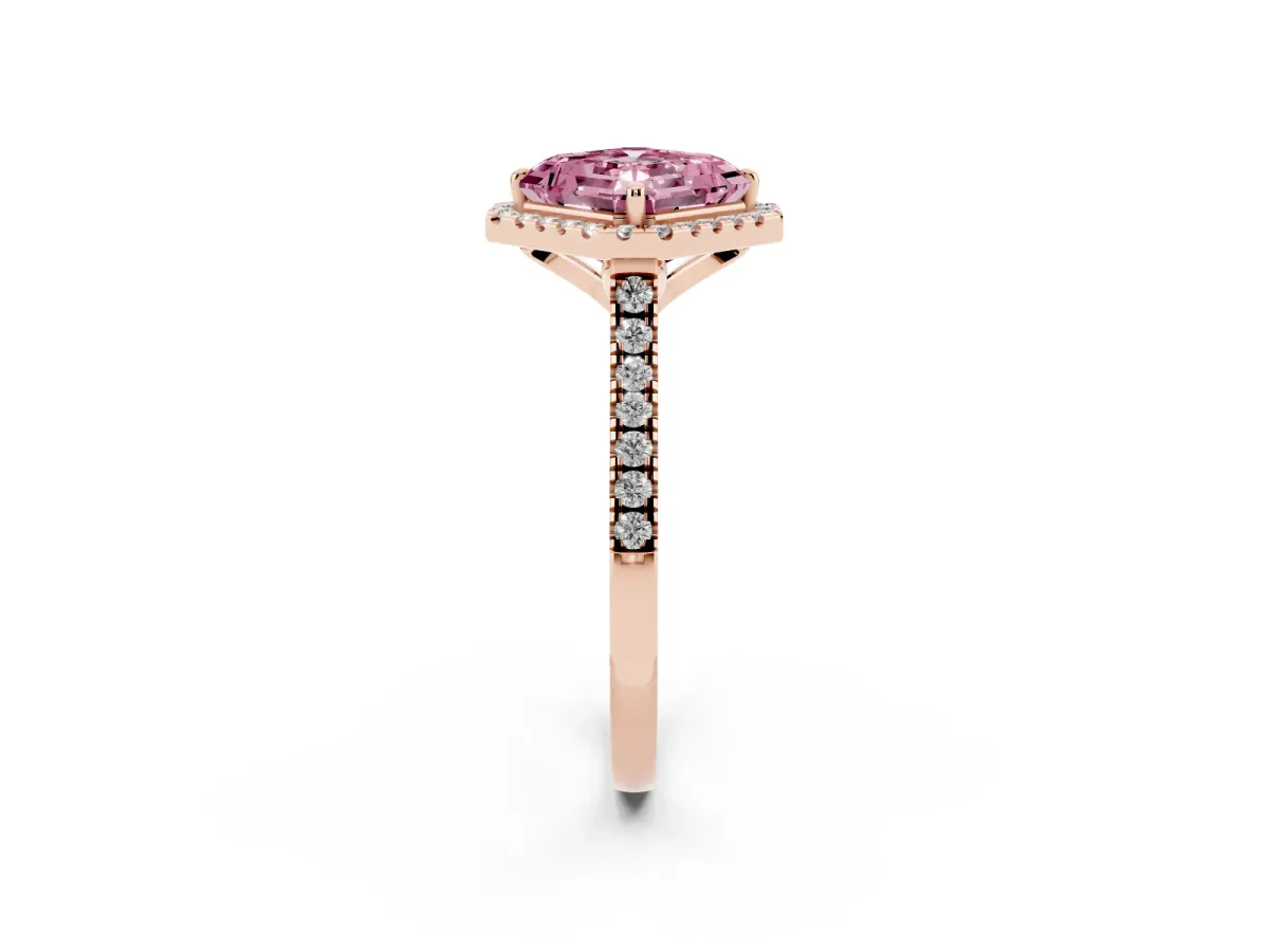 Fancy Pink Asscher Cut Diamond Cushion Halo Ring with Pavé Band Rose gold