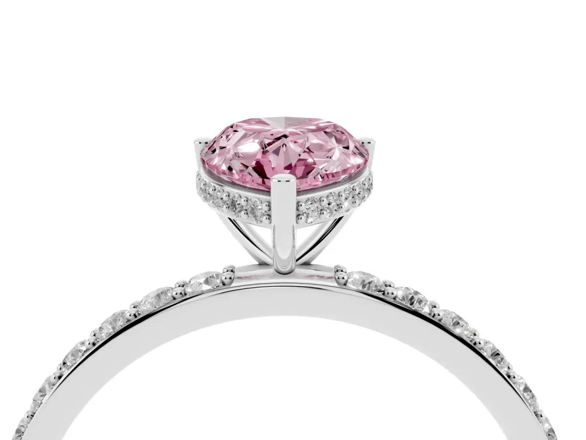 Fancy Pink Pear Cut Diamond Solitaire Ring with Pavé Band and Hidden Halo White gold