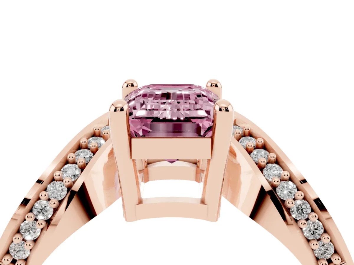 Fancy Pink Emerald Cut Solitaire Diamond Engagement Ring with Pave Band and Four-Prong Setting Rose gold