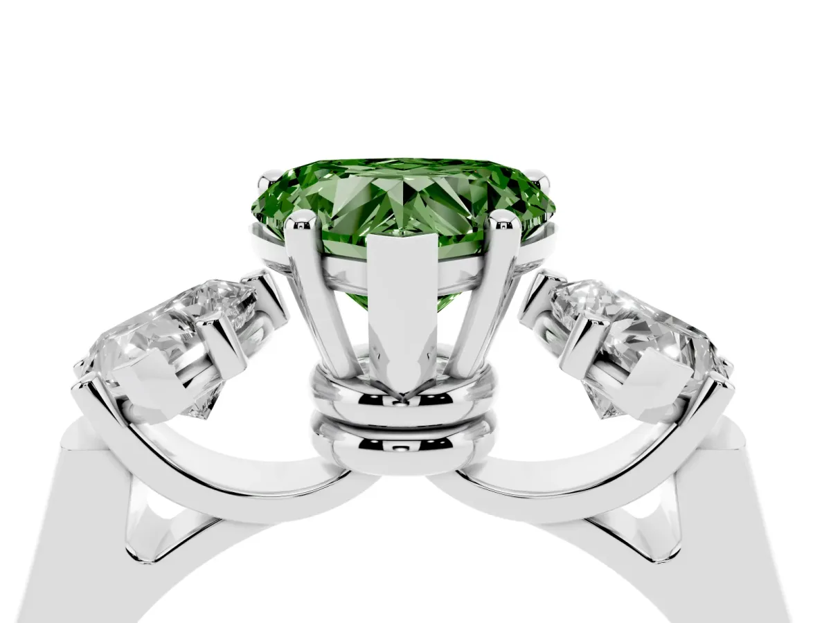 Fancy Green Three-Stone Heart Cut Brilliant Diamond Trellis Ring with Comfort Fit Band Platinum