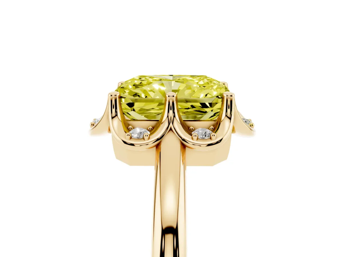 Fancy Yellow Radiant Cut Halo Diamond Ring with Round Cluster Setting, Solitaire Band, and Four-Prong Setting Yellow gold