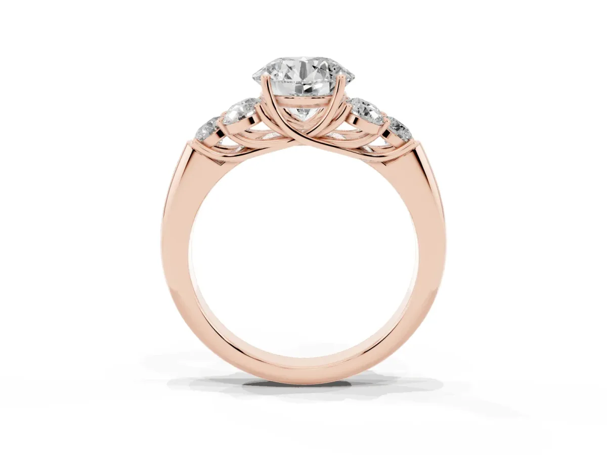 Round Cut Cut Diamond Cluster Ring with Round Accent Stones and Prong Setting on a Classic Band Rose gold