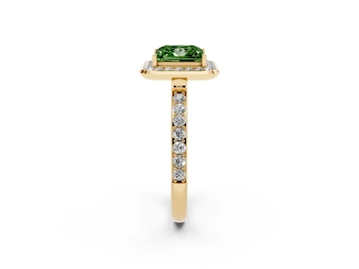 Fancy Green Princess Cut Diamond Halo Ring with Bezel Frame and Pavé Band Yellow gold
