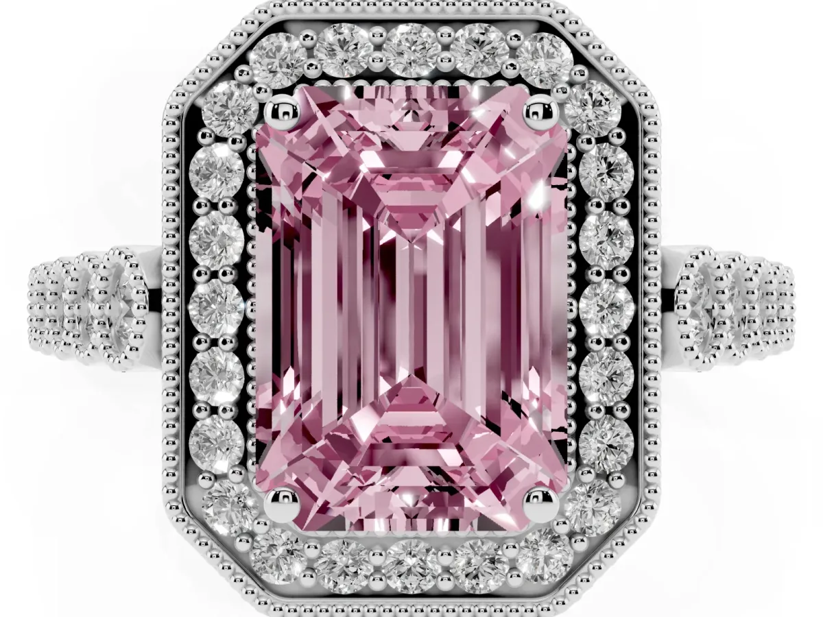 Fancy Pink Emerald Cut Halo Milgrain Solitaire with Bezel Set Side Stones and Pave Band White gold