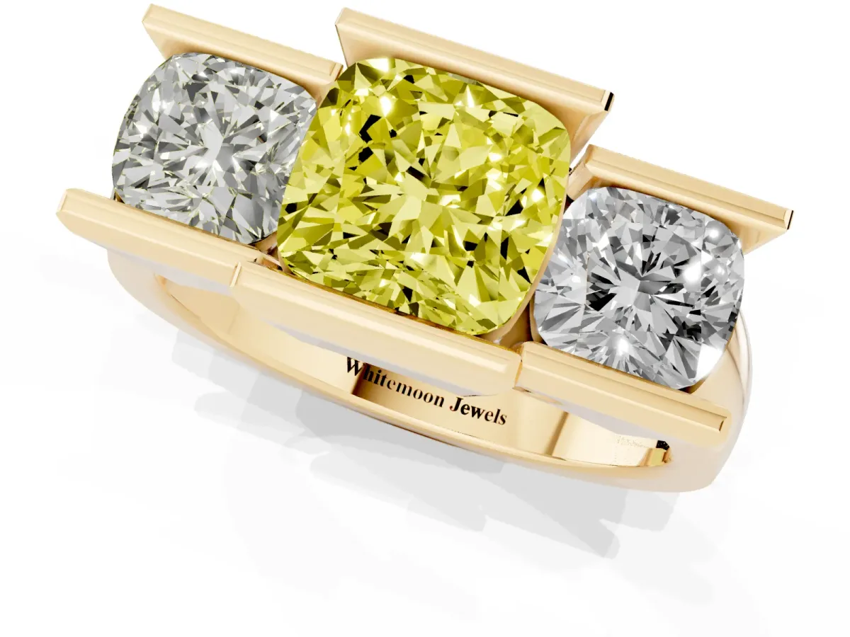 Fancy Yellow Three Stone Cushion Cut Cut Channel Set Diamond Ring Yellow gold