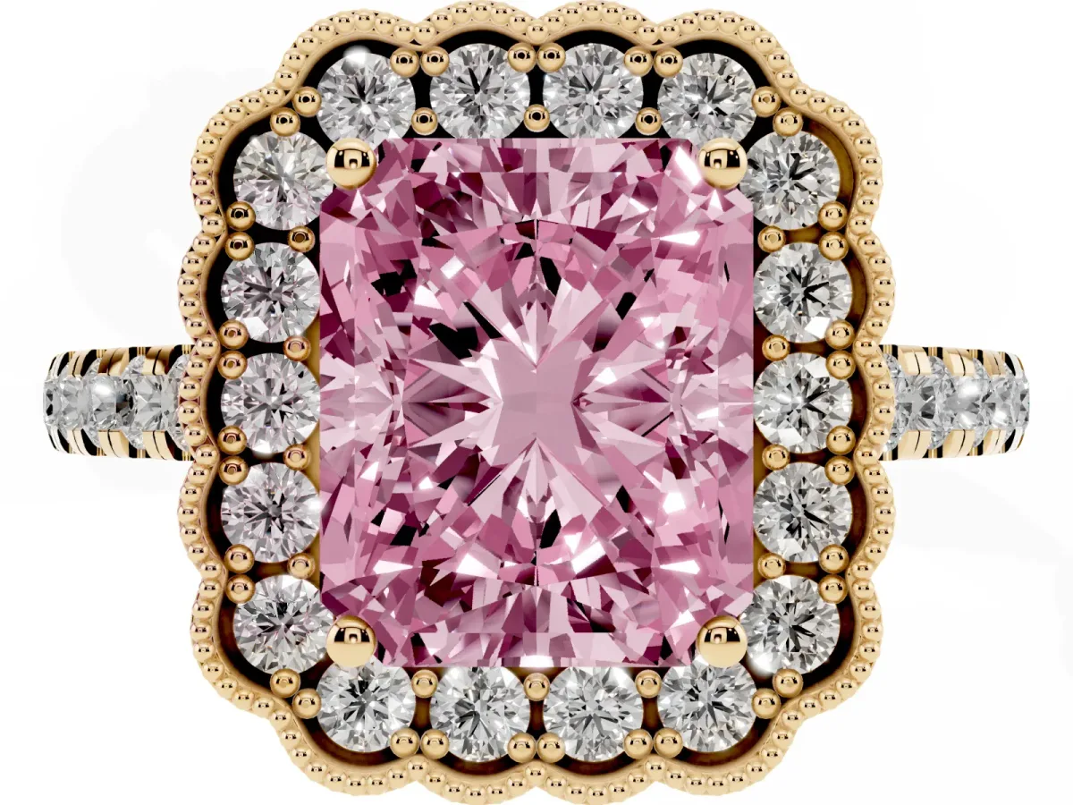 Fancy Pink Radiant Cut Cut Diamond Milgrain Floral Halo Engagement Ring with Pavé Band Yellow gold