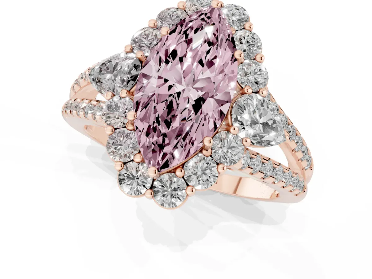 Fancy Pink Marquise Cut Halo Split Shank Diamond Engagement Ring with Prong Setting Rose gold