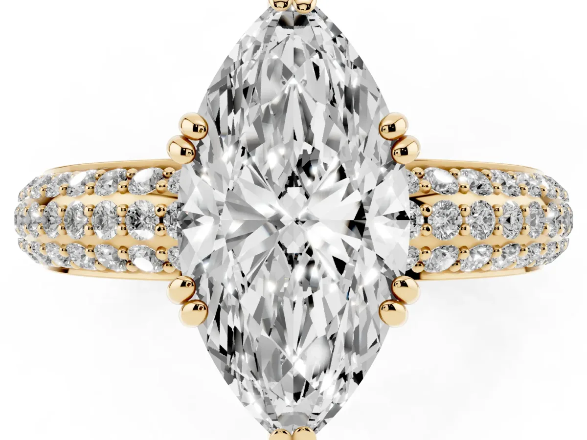 Marquise Cut Diamond Solitaire Ring with Multi-Row Round Pavé Band and Prong Setting Yellow gold