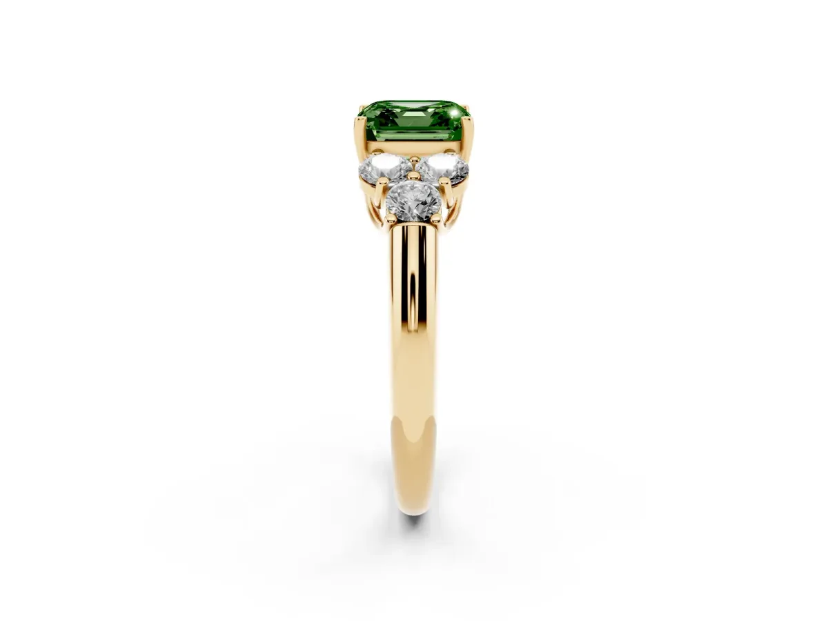 Fancy Green Asscher Cut Cut Diamond Cluster Ring with Round Accent Stones and Prong Setting on a Classic Band Yellow gold