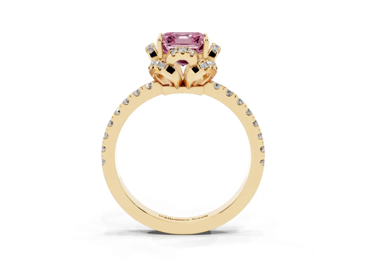 Fancy Pink Asscher Cut Halo Diamond Pave Band Ring with Four-Prong Setting Yellow gold