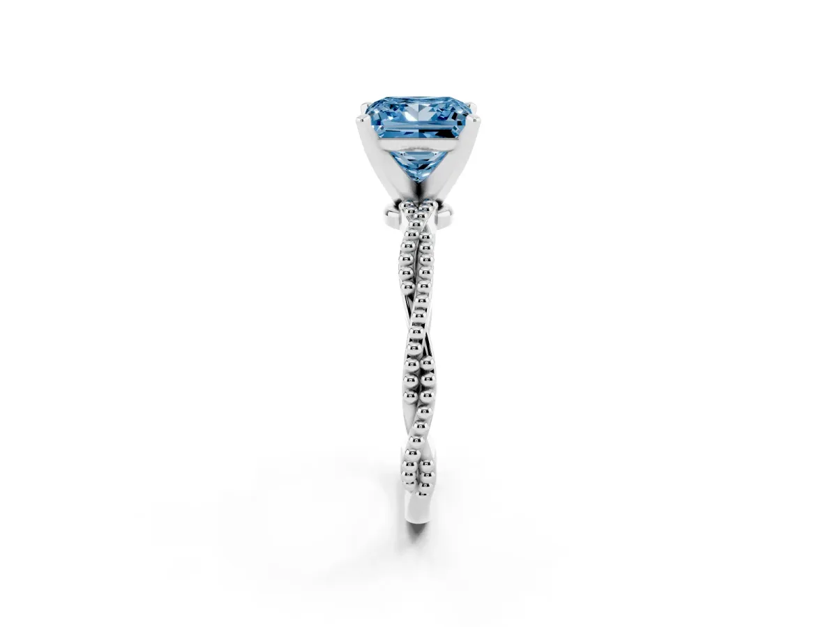 Fancy Blue Princess Cut Solitaire Twisted Band with Bead Prong Setting Silver