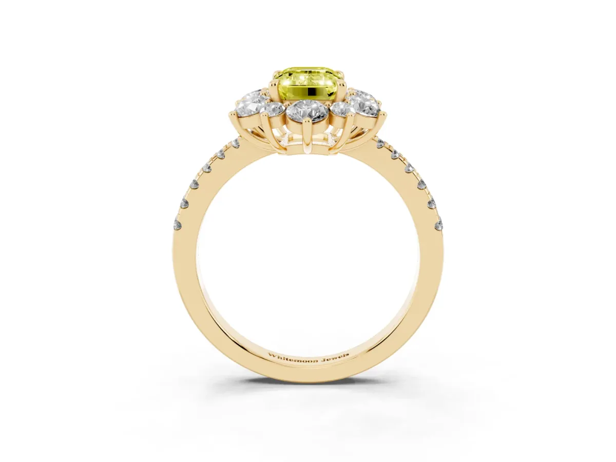Fancy Yellow Emerald Cut Diamond Floral Halo Ring with Round Pavé Band and Prong Setting Yellow gold