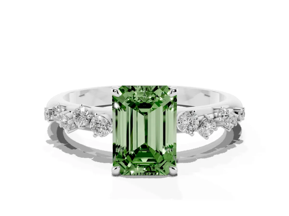 Fancy Green Emerald Cut Diamond Cluster Prong-Set Solitaire Ring White gold