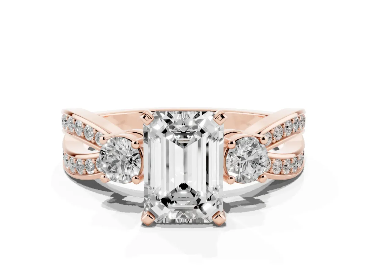 Three-Stone Emerald Cut Cut Diamond Twist Band with Prong Setting Rose gold