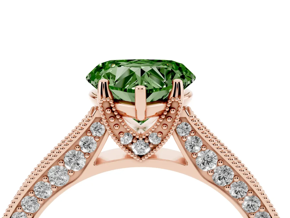 Fancy Green Heart Cut Cut Diamond Solitaire Ring with Milgrain Pave Band and Four Prong Setting Rose gold
