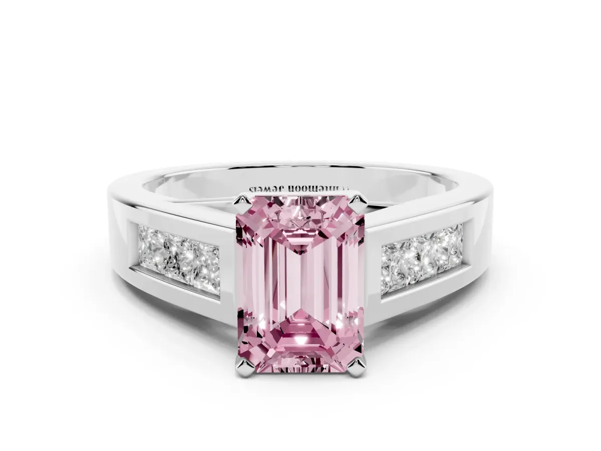 Fancy Pink Emerald Cut Cut Channel Set Solitaire Ring with Four-Prong Setting Platinum