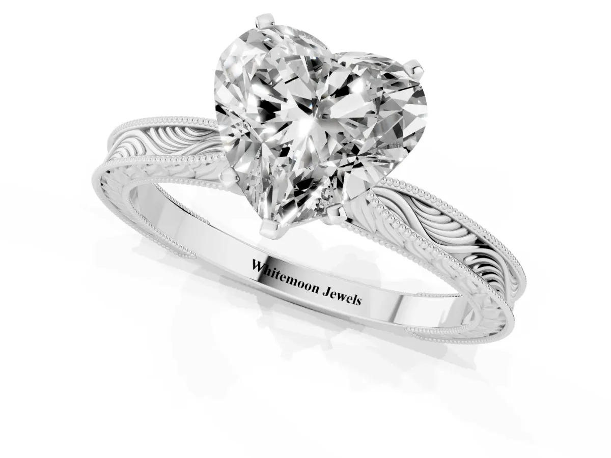 Heart Cut Solitaire Milgrain Engraved Band with Four-Prong Setting Silver