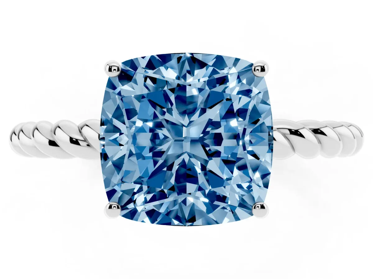 Fancy Blue Cushion Cut Solitaire Twist Band Ring with Four-Prong Setting Platinum