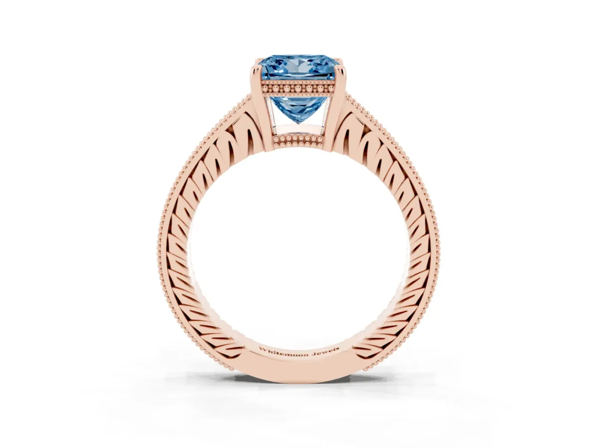 Fancy Blue Princess Cut Solitaire Pavé Diamond Milgrain Engagement Ring with Four-Prong Setting Rose gold