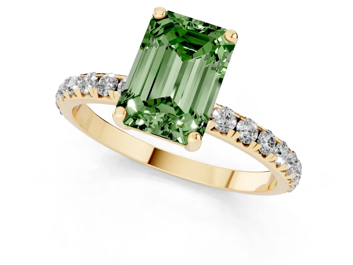 Fancy Green Emerald Cut Cut Diamond Solitaire Ring with Micro Pave Band and Four Prong Setting Yellow gold