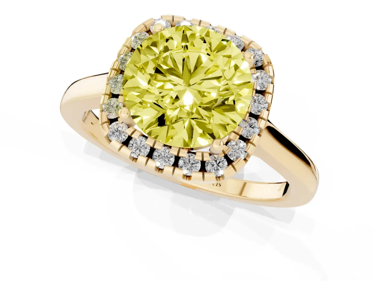 Fancy Yellow Round Cut Halo Round Diamond Solitaire Ring with Pavé Band and Four-Prong Setting Yellow gold