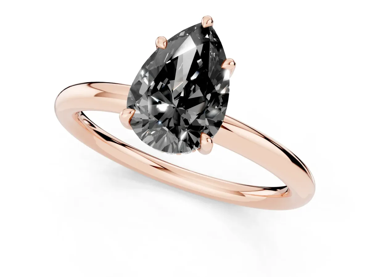 Fancy Black Pear Cut Diamond Solitaire Ring with Thin Band and Four-Prong Setting Rose gold