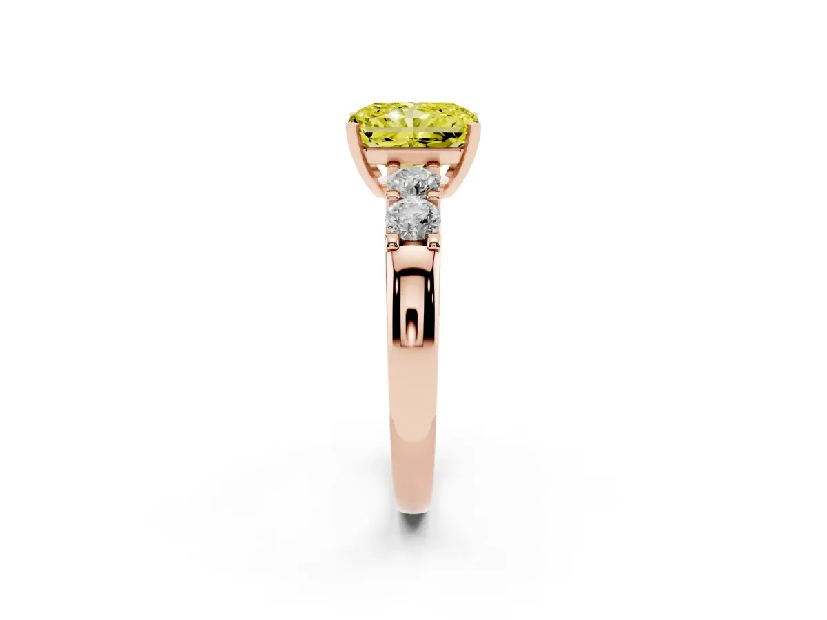 Fancy Yellow Radiant Cut Brilliant Cut Diamond Five-Stone Prong Set Engagement Ring with Channel Band Rose gold