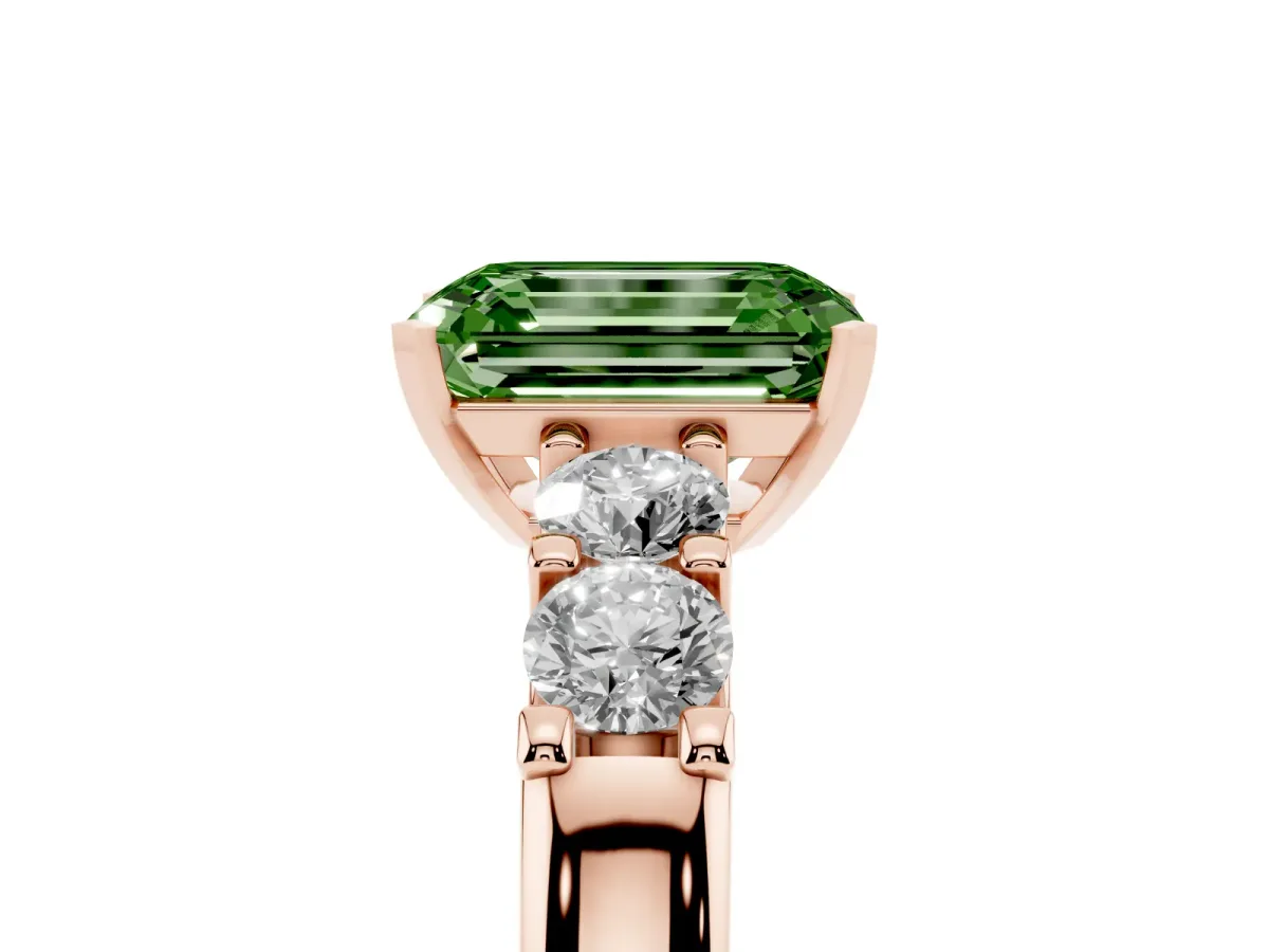 Fancy Green Emerald Cut Brilliant Cut Diamond Five-Stone Prong Set Engagement Ring with Channel Band Rose gold